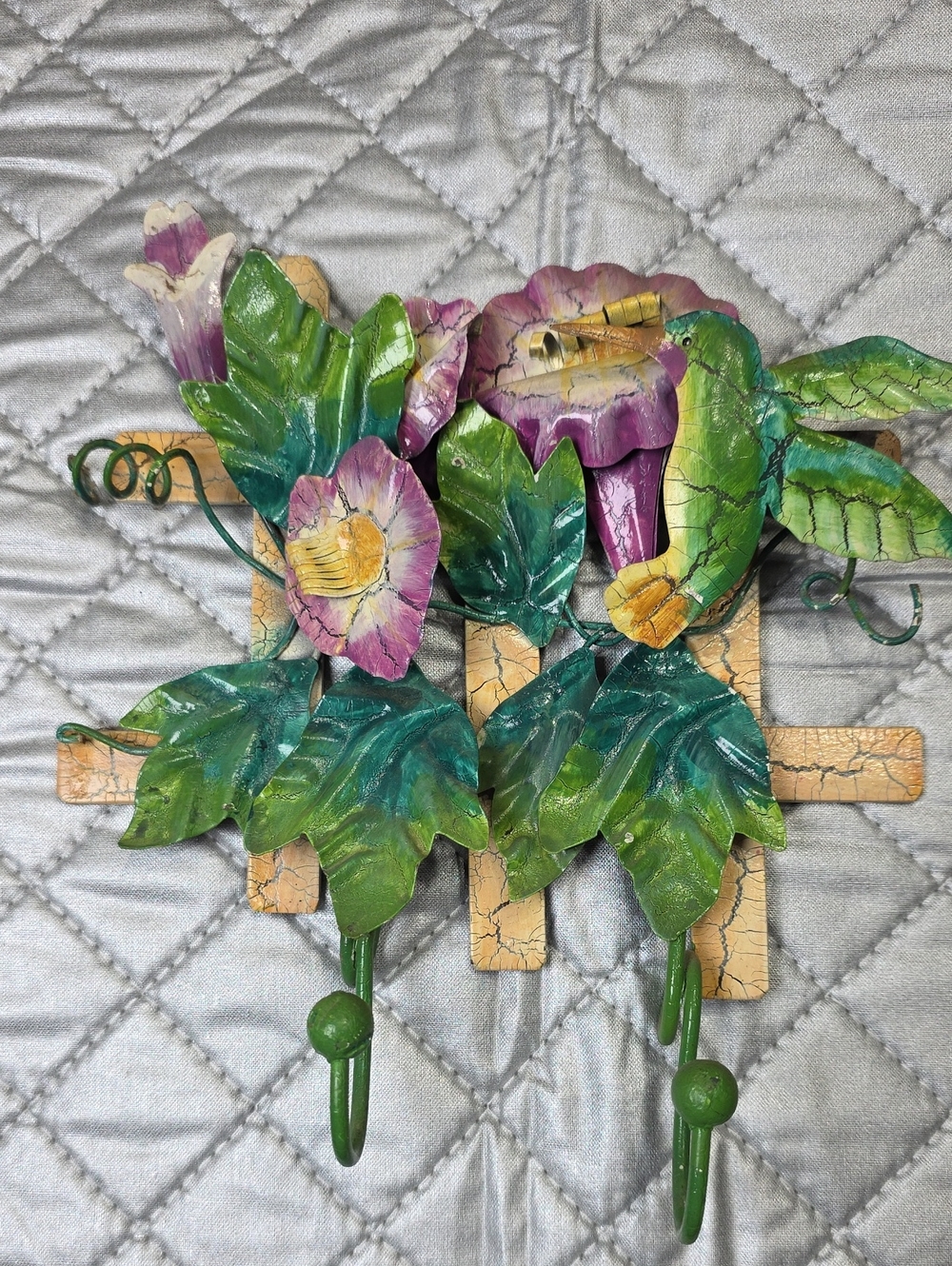 Handcrafted Metal Floral Wall Hook Rack with Hummingbird & Butterfly